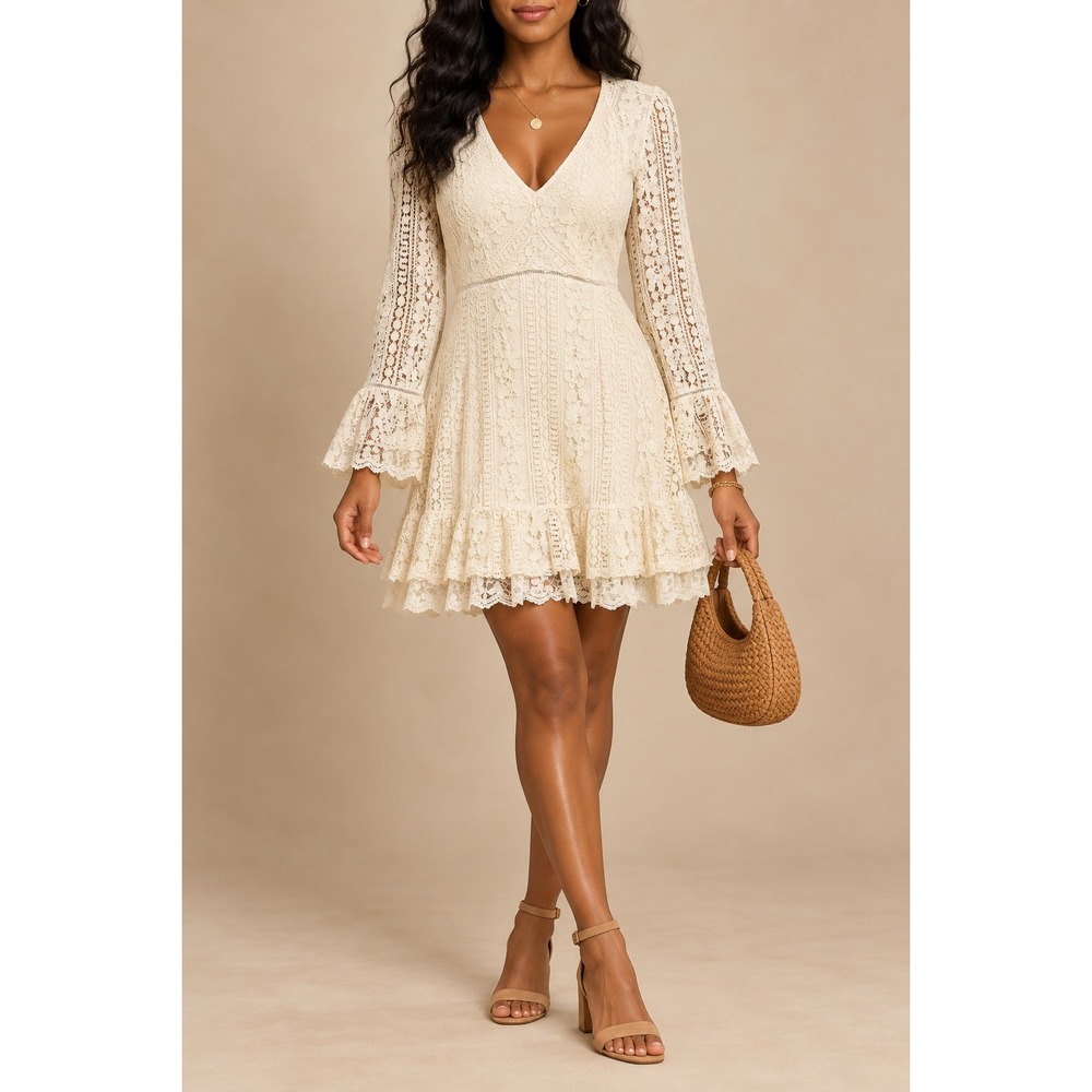 L 244 American Rag Cie Ivory Lace Bell Sleeve Fit & Flare Boho Mini Dress